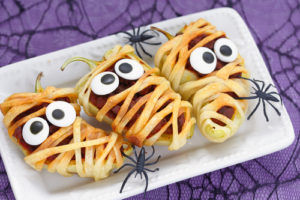 Stuffed peppers look like a mummies for Halloween